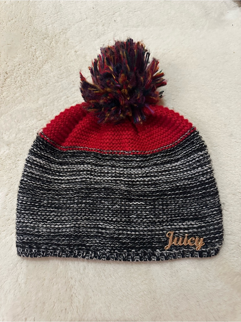 Juicy Couture Y2K McBling Knit Pom Pom Beanie Gold Logo Winter Hat One Size